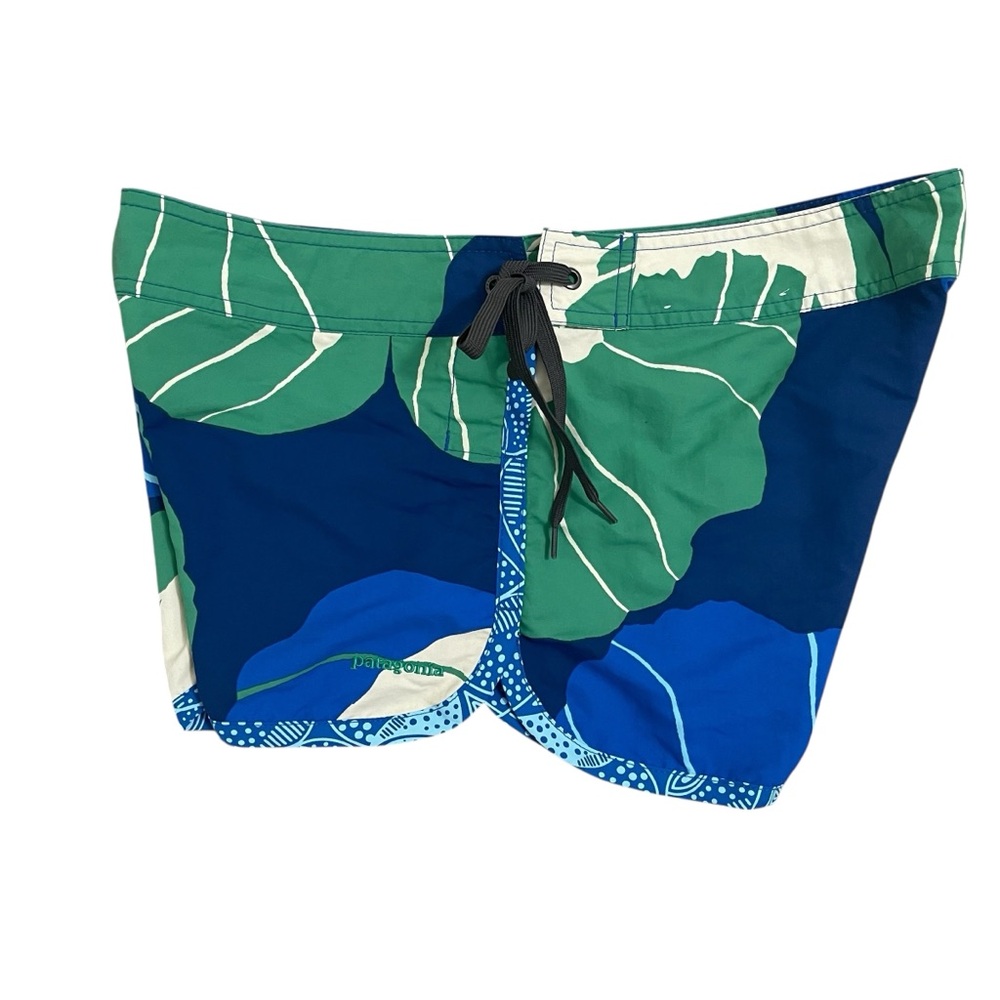 Patagonia Blue and Green Leaf Print Swim Shorts Board Shorts
